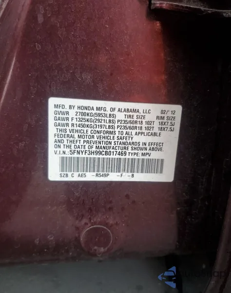 2012 Honda Pilot Touring z USA, uszkodzony, nr VIN 5FNYF3H99CB017469